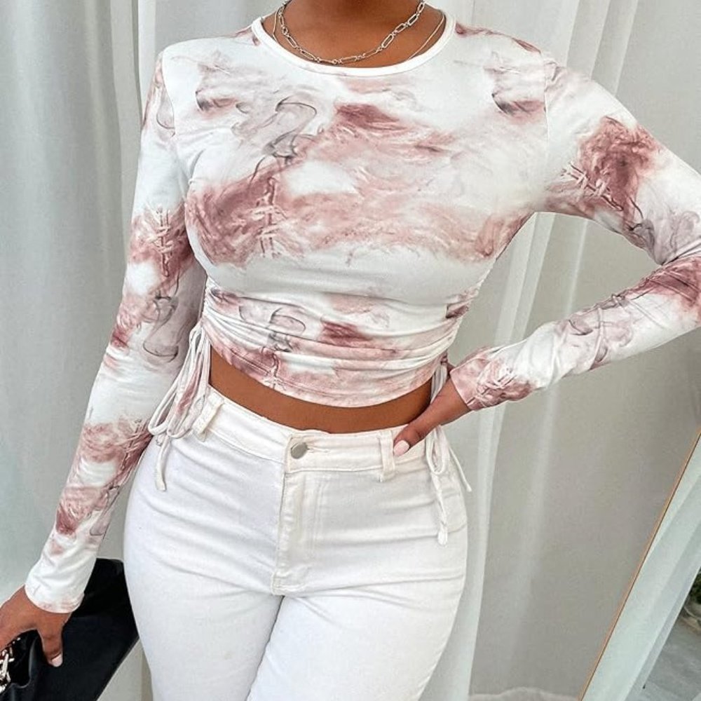 Marble Print Crop Tee Drawstring Knot Side Top - image 3